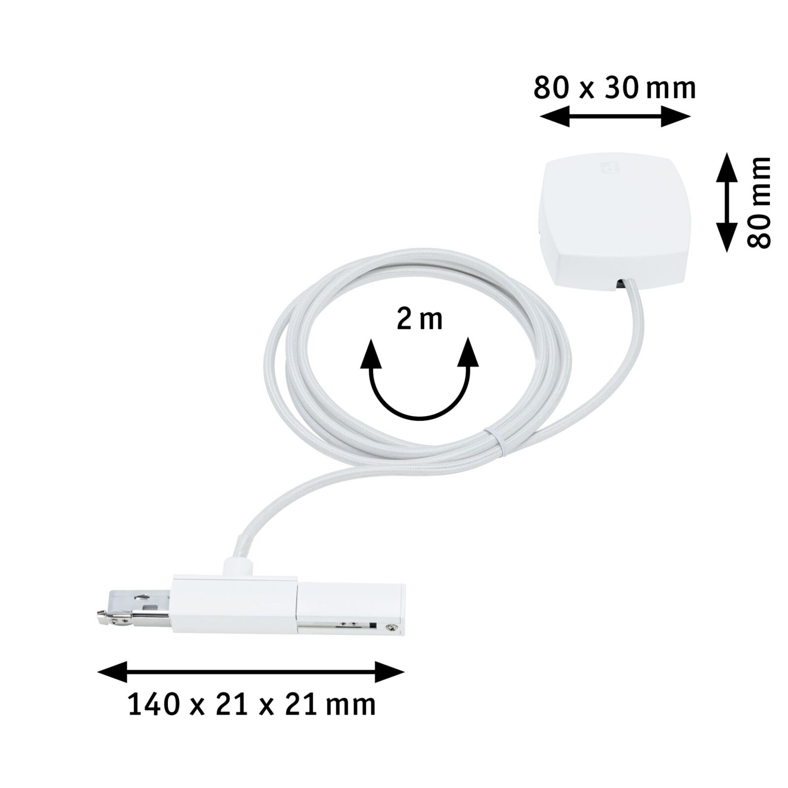 Stromeinspeisung mit 2 Meter Kabel, weiße Farbe, Abmessungen 140 x 21 x 21 mm und 80 x 30 mm, seitliche Perspektive