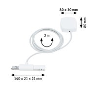 Stromeinspeisung mit 2 Meter Kabel, weiße Farbe, Abmessungen 140 x 21 x 21 mm und 80 x 30 mm, seitliche Perspektive