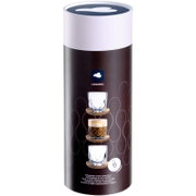 Verpackung eines 6-teiligen Kaffee-Sets mit Gläsern und Kork-Untersetzern, frontal abgebildet.