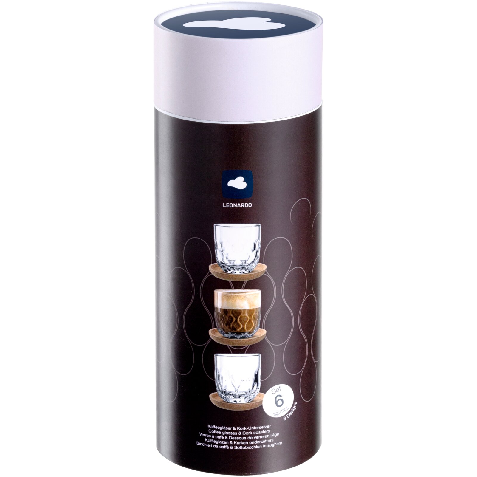 Verpackung eines 6-teiligen Kaffee-Sets mit Gläsern und Kork-Untersetzern, frontal abgebildet.