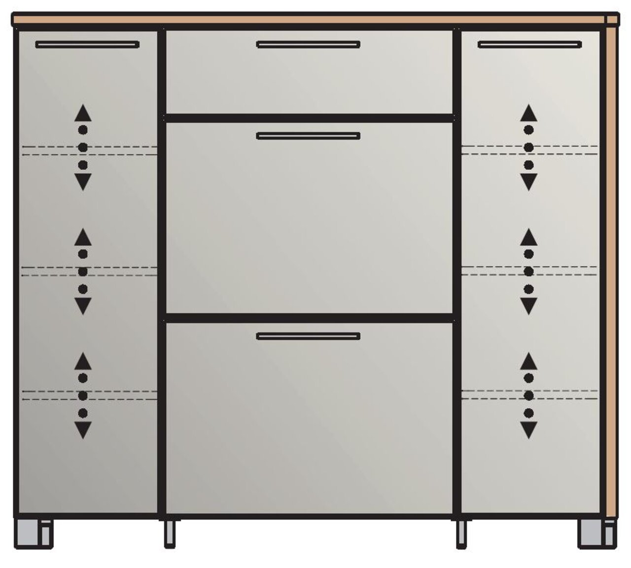 Moderner Schuhschrank mit mehreren Fächern und Schubladen, Frontansicht