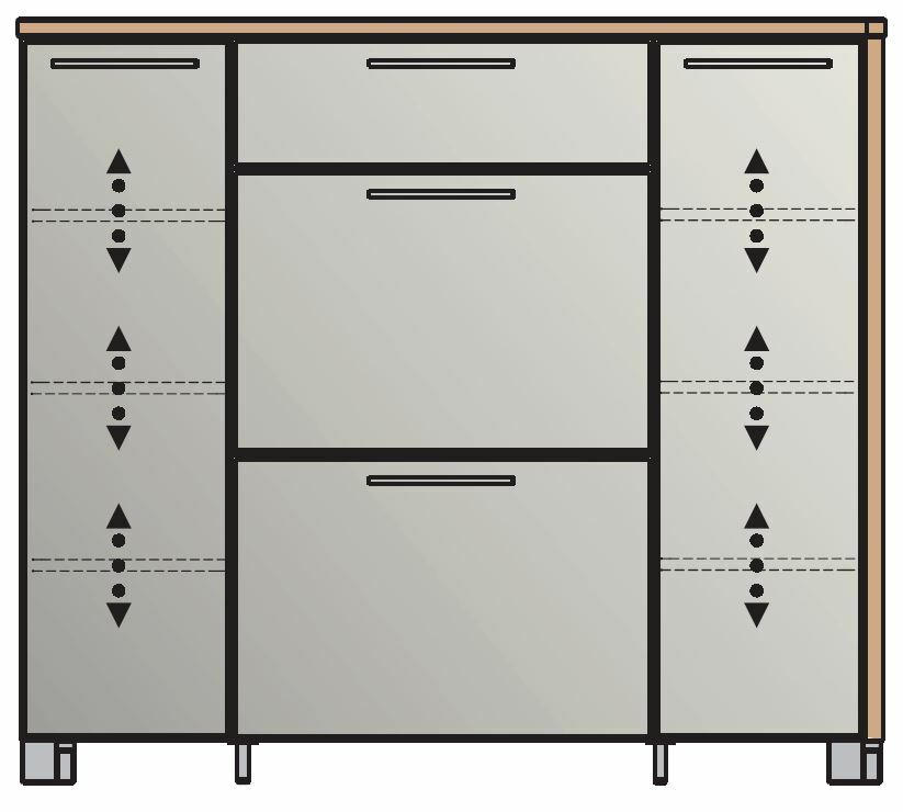 Moderner Schuhschrank mit mehreren Fächern und Schubladen, Frontansicht