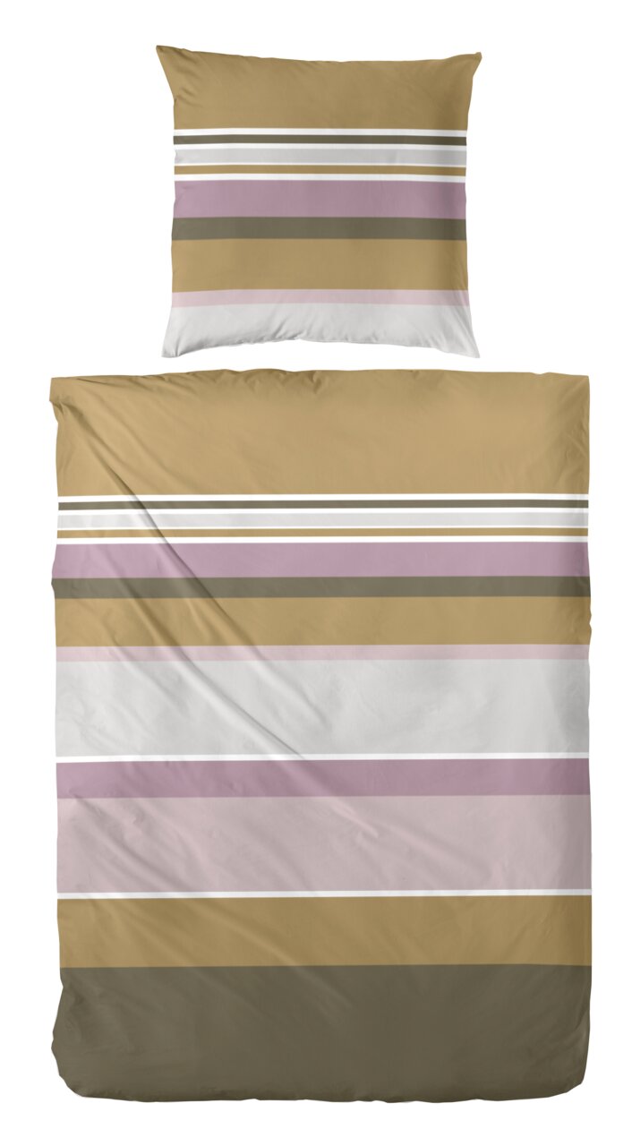 Bettwäsche-Set mit Streifenmuster in Beige, Lila und Weiß, Ansicht von oben