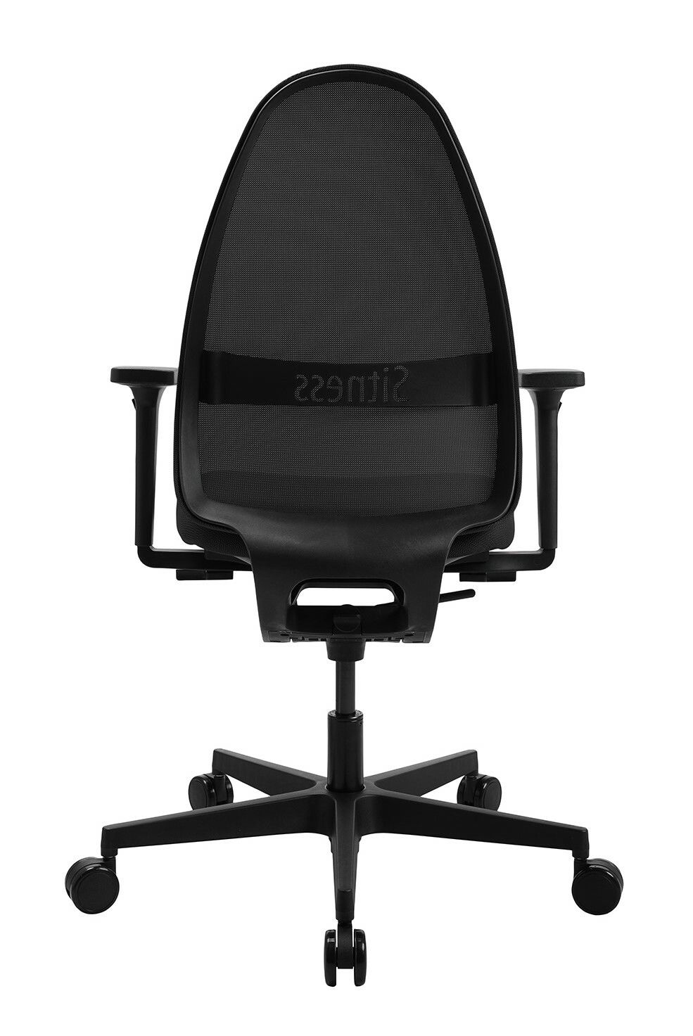 Schwarzer Bürostuhl mit Netzrückenlehne, von vorne gesehen