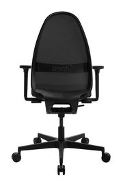 Schwarzer Bürostuhl mit Netzrückenlehne, von vorne gesehen