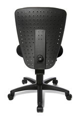 Rückansicht eines schwarzen Kinder- und Jugendstuhls mit perforierter Rückenlehne und Rollenfuß.