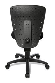 Rückansicht eines schwarzen Kinder- und Jugendstuhls mit perforierter Rückenlehne und Rollenfuß.