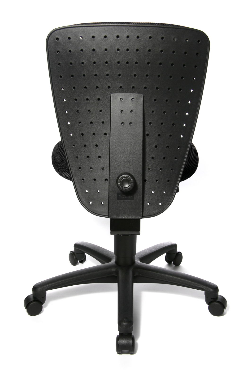 Rückansicht eines schwarzen Kinder- und Jugendstuhls mit perforierter Rückenlehne und Rollenfuß.