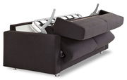 Rückansicht eines dunkelgrauen Schlafsofas mit ausgeklapptem Bettmechanismus.