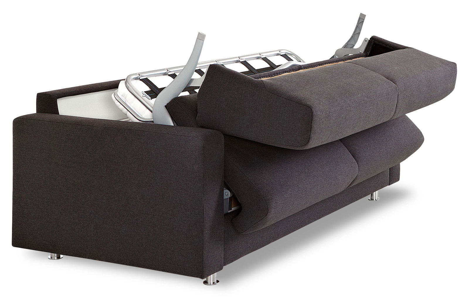 Rückansicht eines dunkelgrauen Schlafsofas mit ausgeklapptem Bettmechanismus.