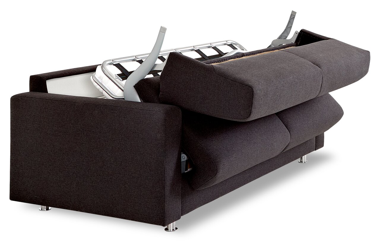 Rückansicht eines dunkelgrauen Schlafsofas mit ausgeklapptem Bettmechanismus.