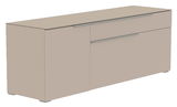 Beiges TV-Lowboard mit zwei Schubladen und einer Tür, seitliche Perspektive