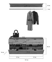 Garderobenkombination in Holzoptik, bestehend aus einer Wandgarderobe mit Kleiderstange und einem Schuhschrank mit mehreren Fächern, frontal abgebildet.