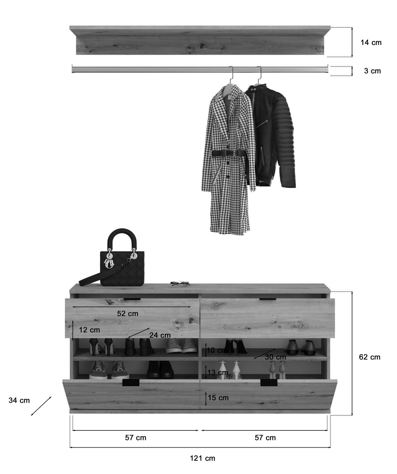 Garderobenkombination in Holzoptik, bestehend aus einer Wandgarderobe mit Kleiderstange und einem Schuhschrank mit mehreren Fächern, frontal abgebildet.