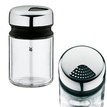 Universalstreuer DEPOT aus Glas und Edelstahl, Vorder- und Draufsicht