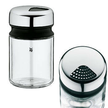 Universalstreuer DEPOT aus Glas und Edelstahl, Vorder- und Draufsicht