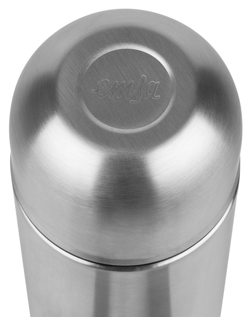 Close-up van een zilverkleurige Emsa-thermosfles van roestvrij staal, 0,7 l, met zichtbaar logo op de deksel, gezien van bovenaf.