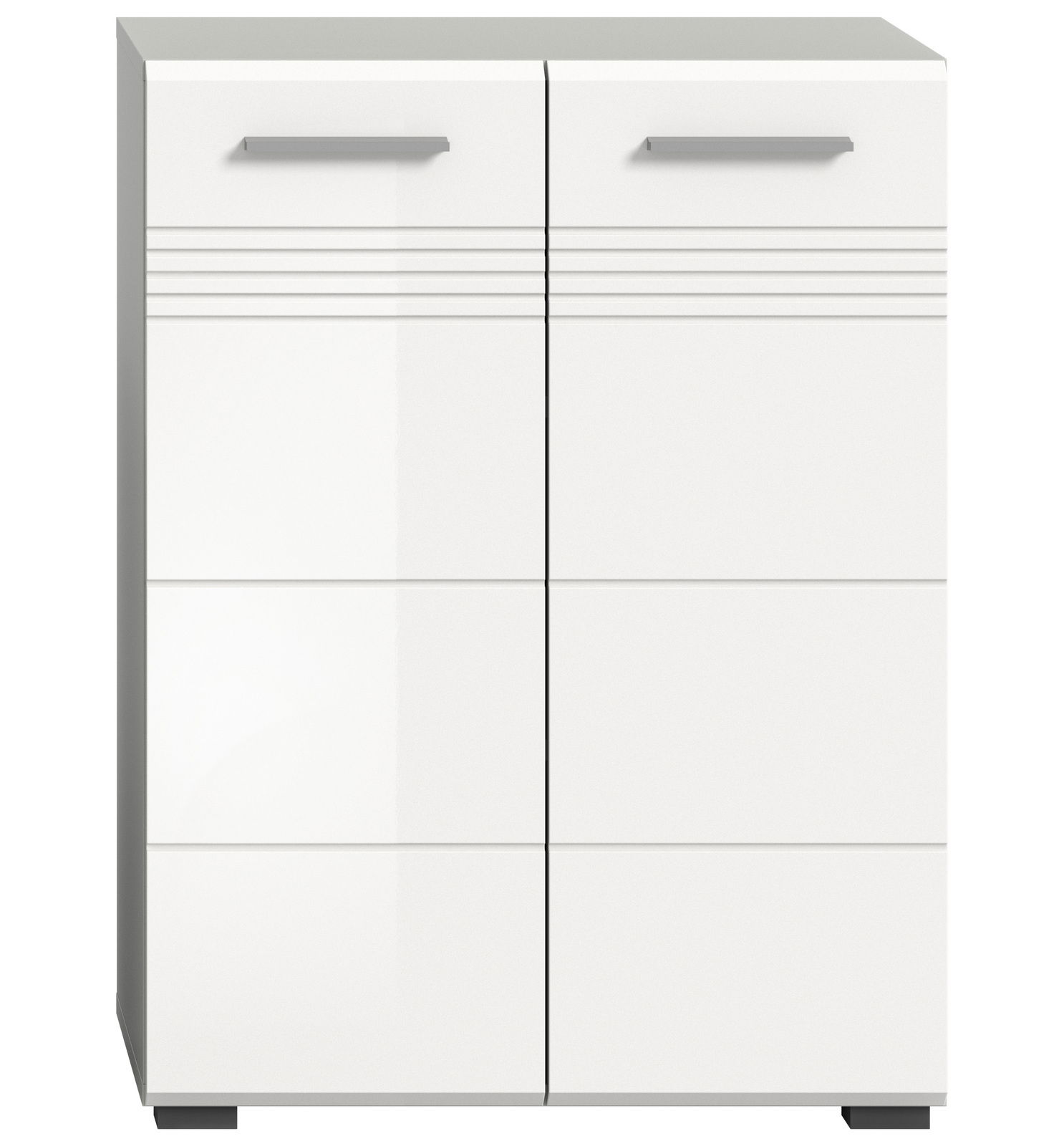 Moderner weißer Midischrank mit zwei Türen und horizontalen Griffen, Frontalansicht