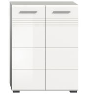 Moderner weißer Midischrank mit zwei Türen und horizontalen Griffen, Frontalansicht