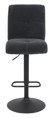 Frontansicht eines modernen Barhockers mit schwarzem, geripptem Stoffbezug und verstellbarem Metallgestell.