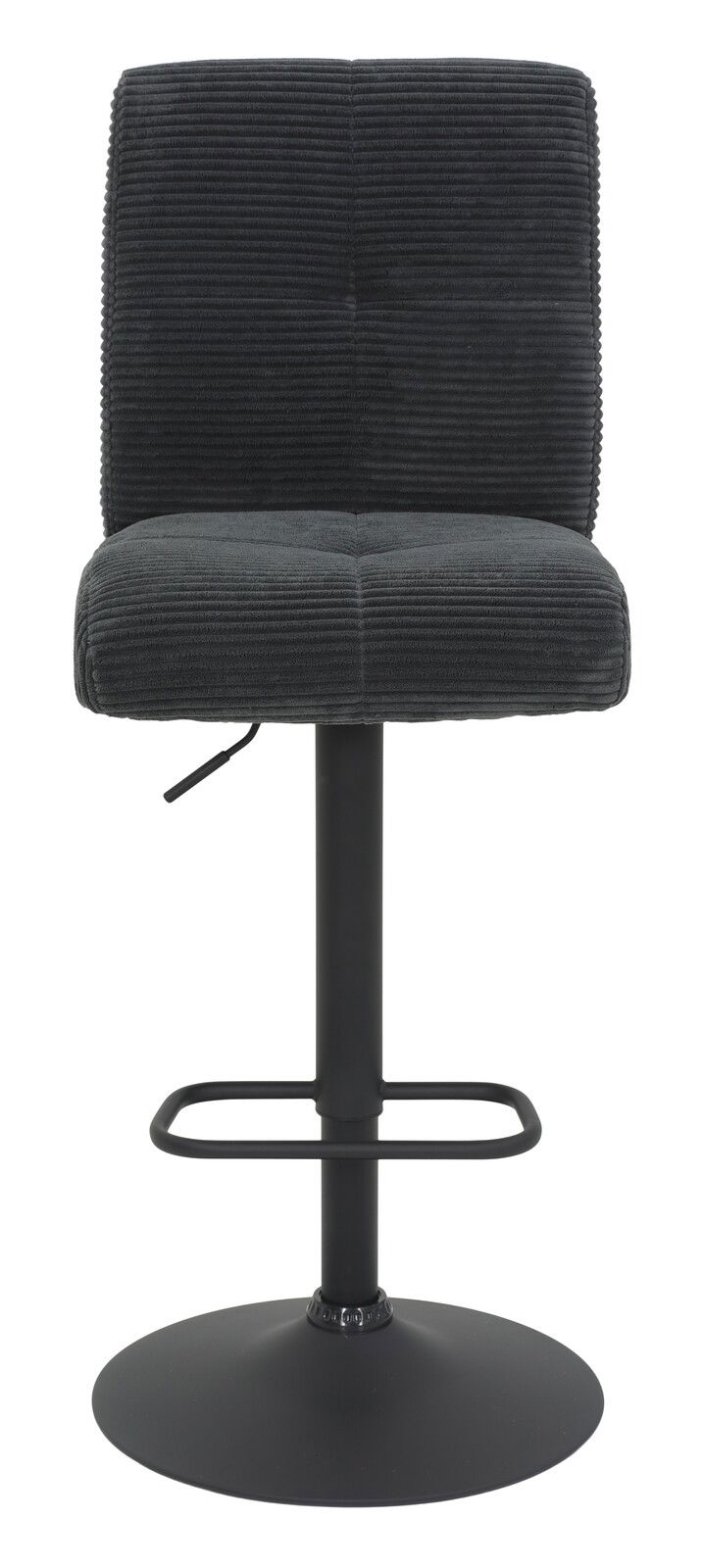 Frontansicht eines modernen Barhockers mit schwarzem, geripptem Stoffbezug und verstellbarem Metallgestell.