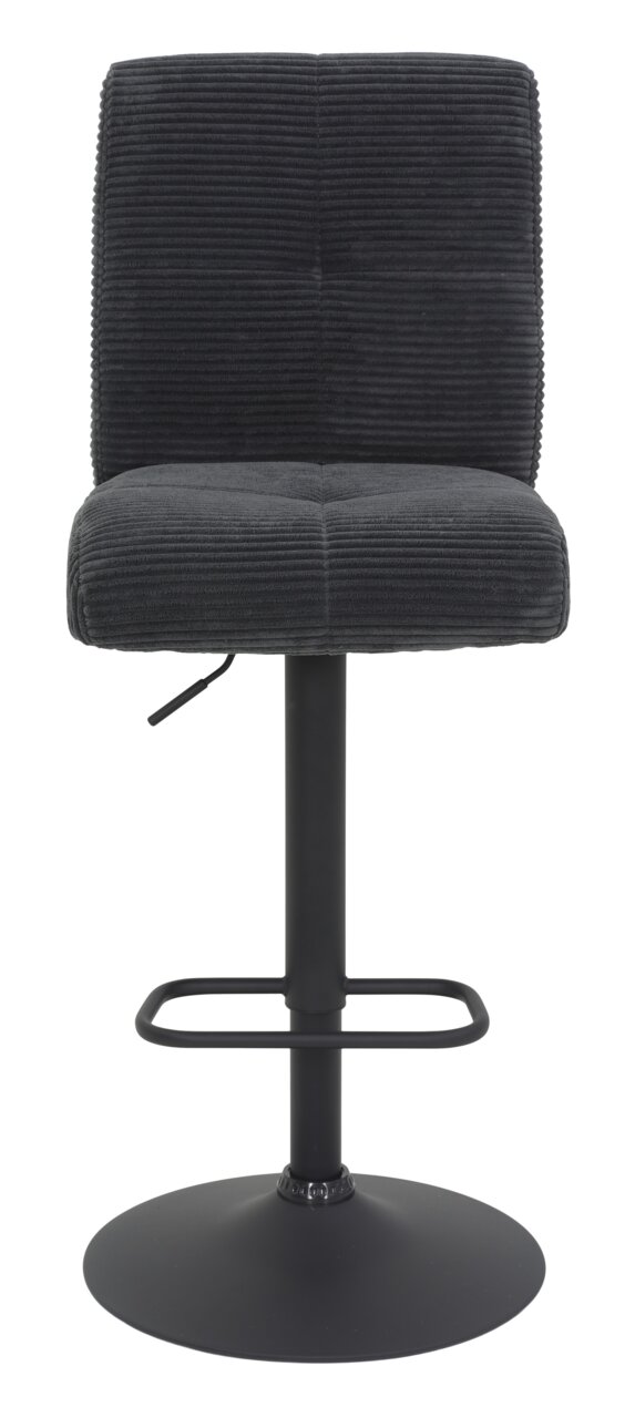 Vooraanzicht van een moderne barkruk met een zwarte, geribbelde stoffen bekleding en een verstelbaar metalen onderstel.
