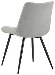 Rückansicht eines modernen Stuhls mit grauem Stoffbezug und schwarzen Metallbeinen.