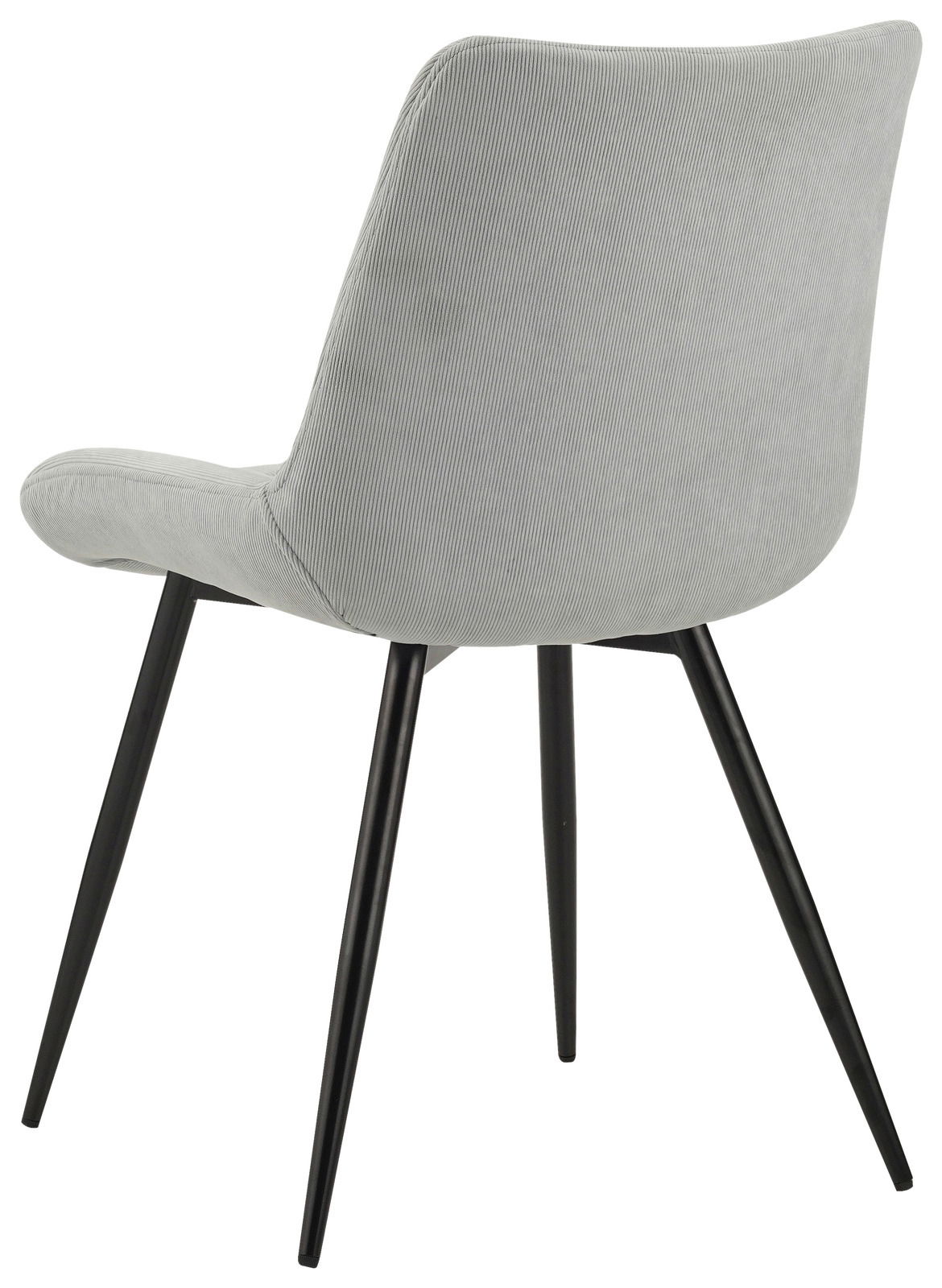 Rückansicht eines modernen Stuhls mit grauem Stoffbezug und schwarzen Metallbeinen.