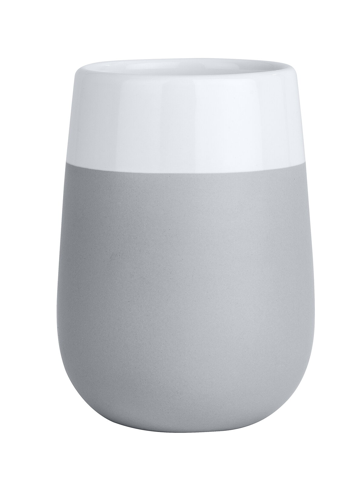 Keramik Zahnputzbecher Malta in Grau und Weiß, seitliche Perspektive