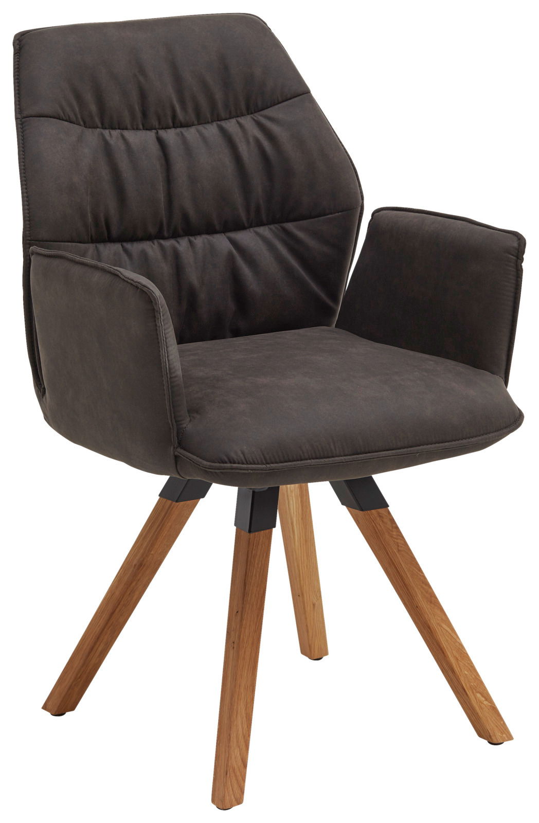 Moderner Sessel der Serie TORTILLA mit gepolstertem Sitz und Rückenlehne in dunklem Stoff, auf vier Holzbeinen. Frontalansicht.