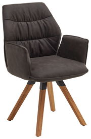 Moderner Sessel der Serie TORTILLA mit gepolstertem Sitz und Rückenlehne in dunklem Stoff, auf vier Holzbeinen. Frontalansicht.