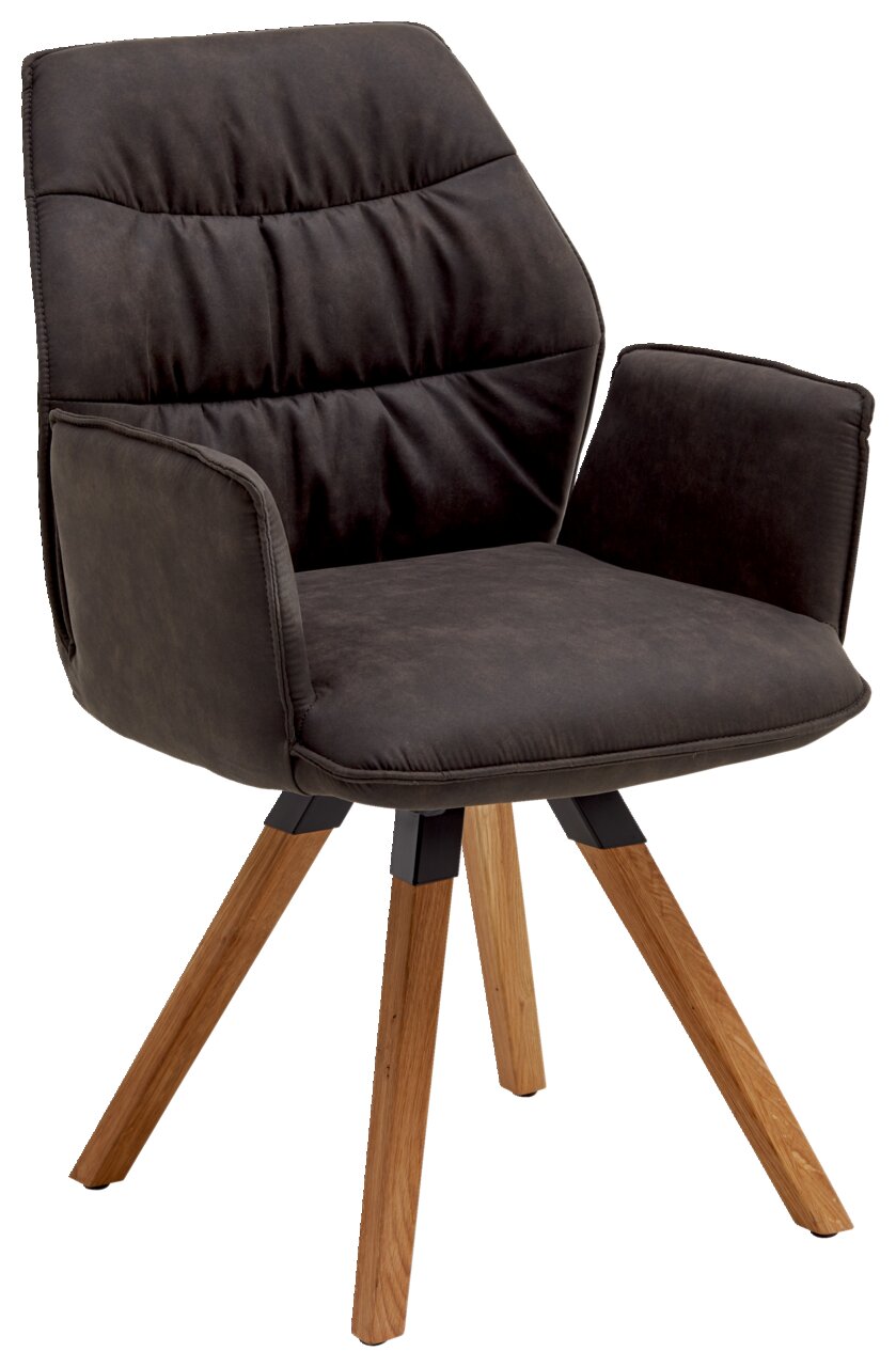 Valdera Sessel TORTILLA Moderner Sessel der Serie TORTILLA mit gepolstertem Sitz und Rückenlehne in dunklem Stoff, auf vier Holzbeinen. Frontalansicht.