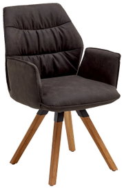 Moderne fauteuil uit de TORTILLA-serie met gestoffeerde zitting en rugleuning in donkere stof, op vier houten poten. Vooraanzicht.