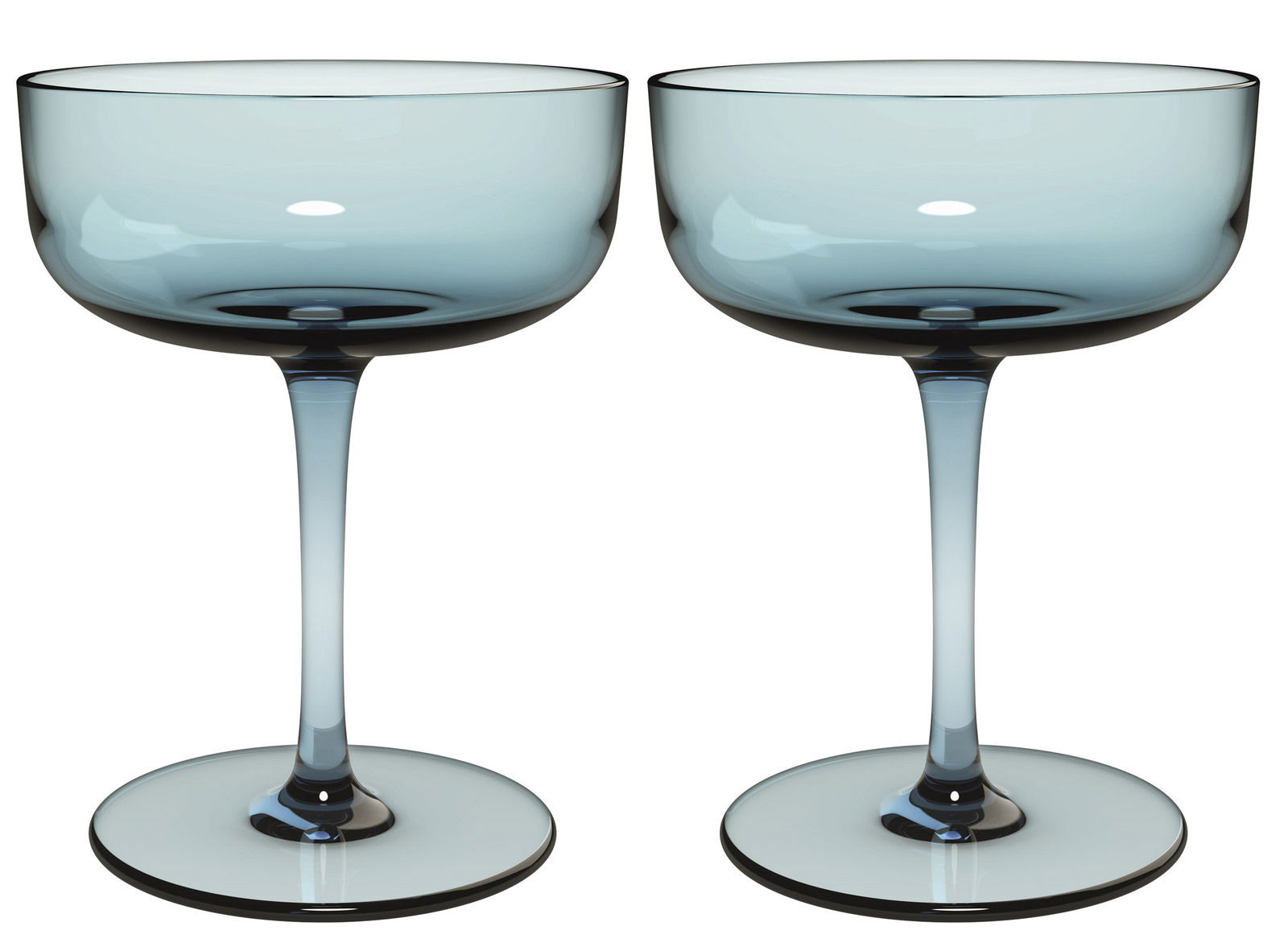 Zwei elegante Sektschalen aus Glas in Frontalansicht, ideal für Desserts oder Sekt.