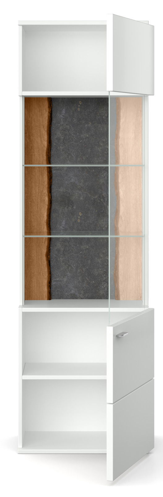 Weiße Vitrine mit Glastüren und Holzelementen, Ansicht von vorne.