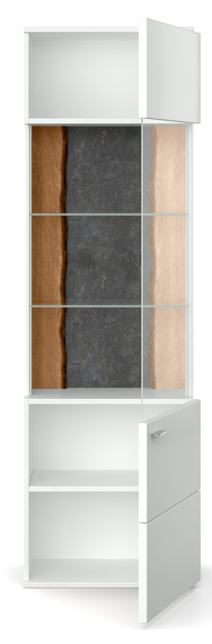 Weiße Vitrine mit Glastüren und Holzelementen, Ansicht von vorne.