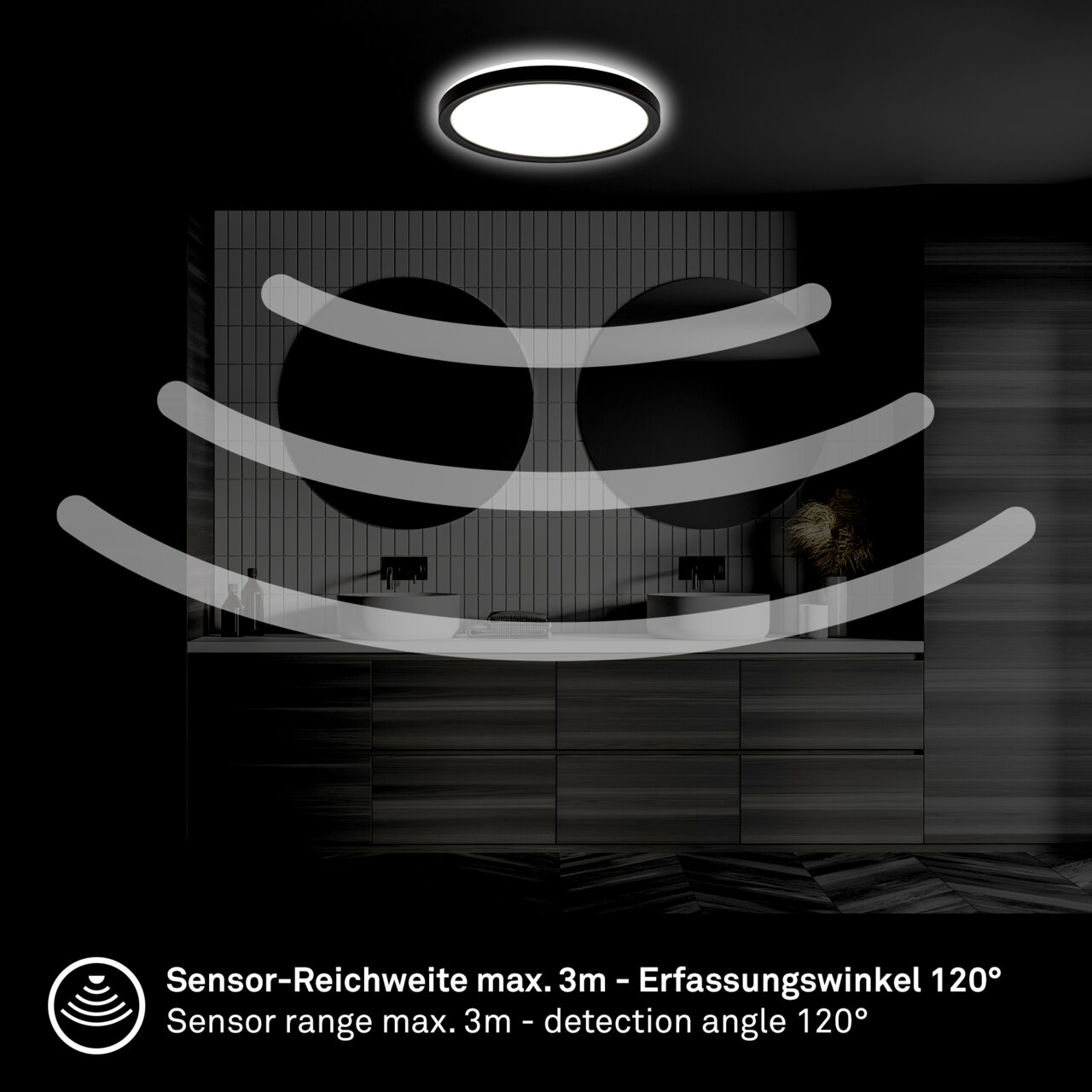 LED-Deckenleuchte mit Bewegungssensor, montiert an der Decke eines modernen Badezimmers, mit einem Sensorbereich von maximal 3 Metern und einem Erfassungswinkel von 120 Grad.