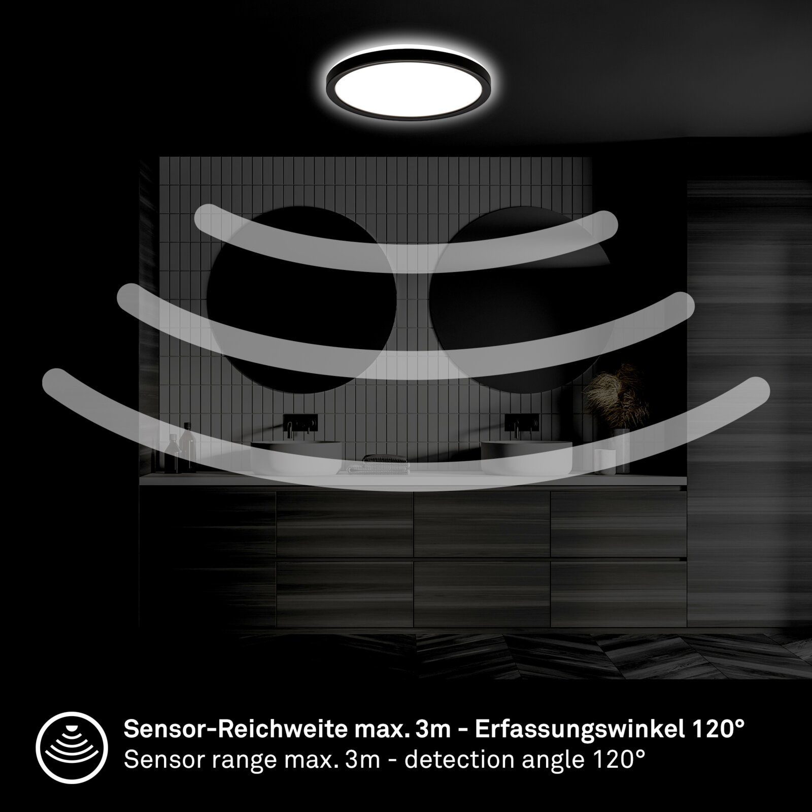 LED-Deckenleuchte mit Bewegungssensor, montiert an der Decke eines modernen Badezimmers, mit einem Sensorbereich von maximal 3 Metern und einem Erfassungswinkel von 120 Grad.