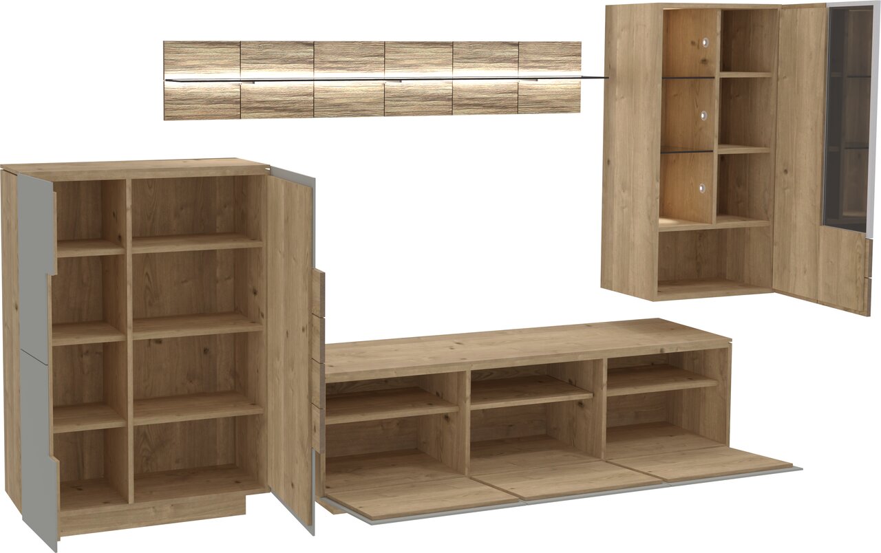Holzfarbene Wandkombination mit mehreren Schränken und Regalen, perspektivisch von vorne gezeigt.