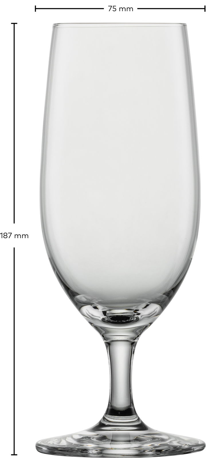 Biertulpe aus klarem Glas, 187 mm hoch und 75 mm im Durchmesser, in Frontalansicht.