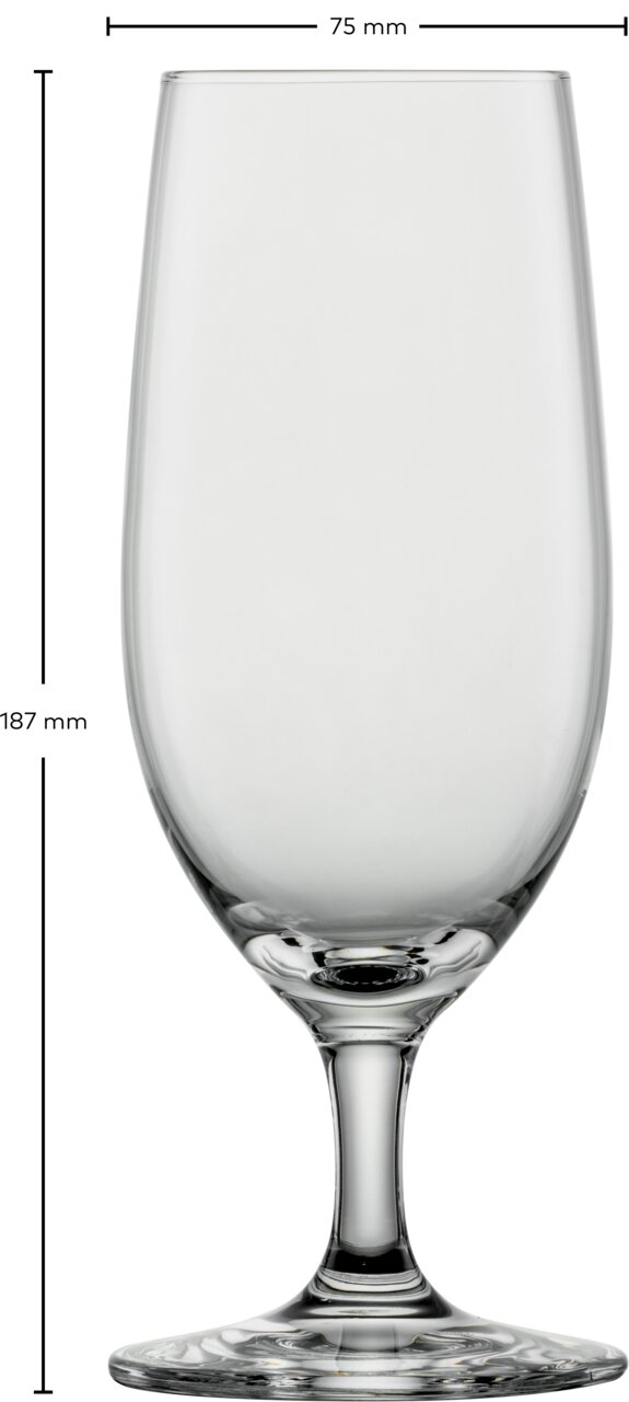 Biertulp van helder glas, 187 mm hoog en 75 mm in diameter, gezien van voren.
