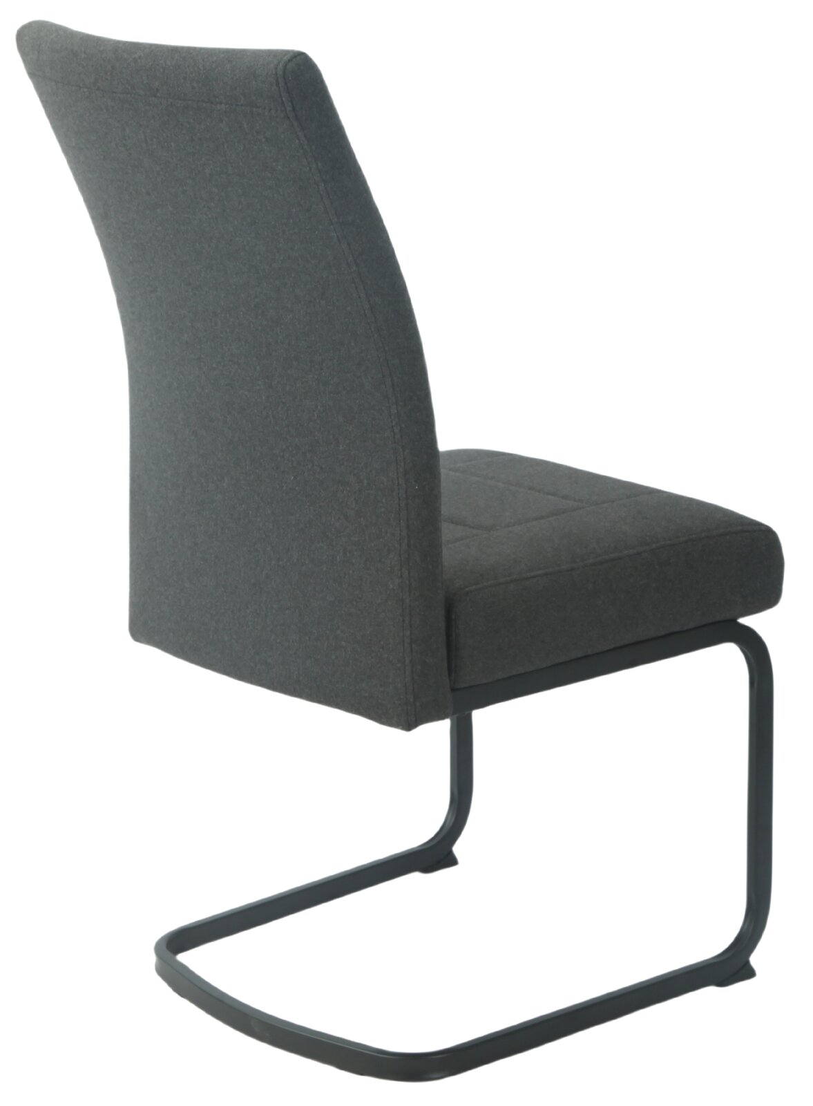 Grauer Schwingstuhl mit Metallgestell, seitliche Rückansicht