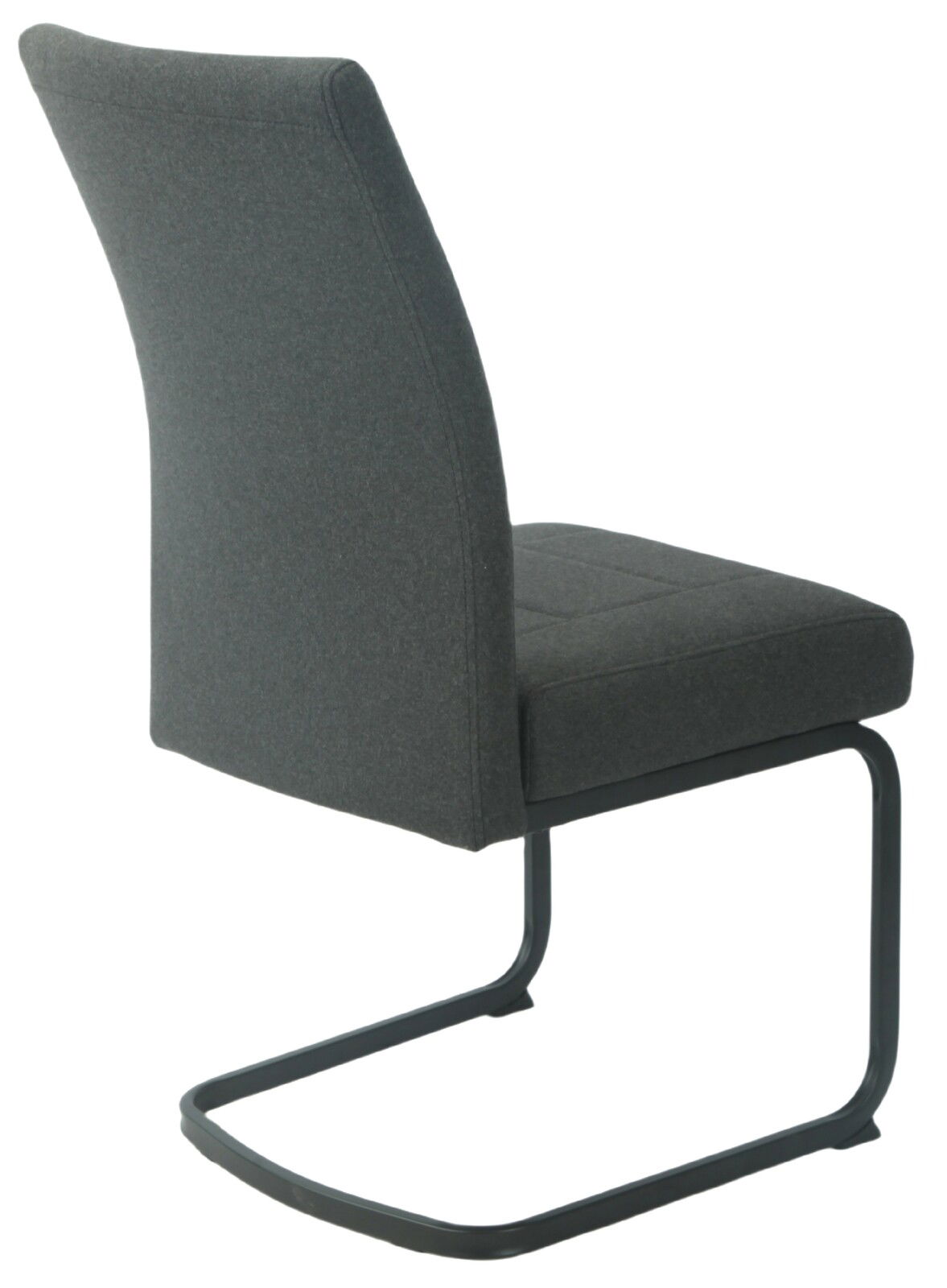 Grauer Schwingstuhl mit Metallgestell, seitliche Rückansicht