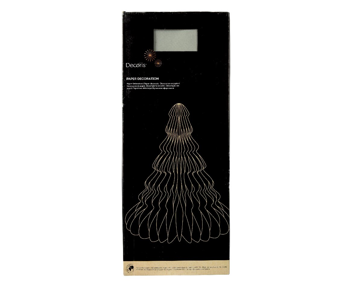 Decoris Papierbaum 60cm Verpackung einer Papierdekoration in Form eines Baumes, frontal abgebildet. FSC 100% zertifiziert.