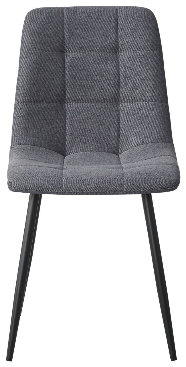 Grauer Stuhl mit gepolsterter Sitzfläche und Rückenlehne, schwarze Beine, Frontalansicht