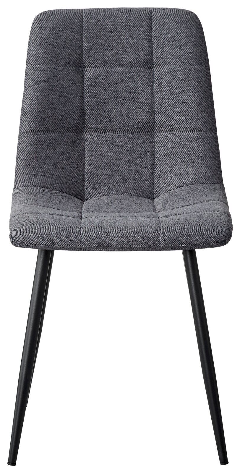 Grauer Stuhl mit gepolsterter Sitzfläche und Rückenlehne, schwarze Beine, Frontalansicht