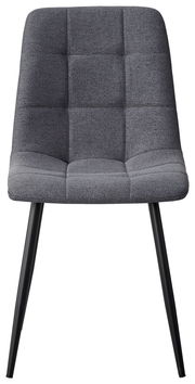 Grauer Stuhl mit gepolsterter Sitzfläche und Rückenlehne, schwarze Beine, Frontalansicht