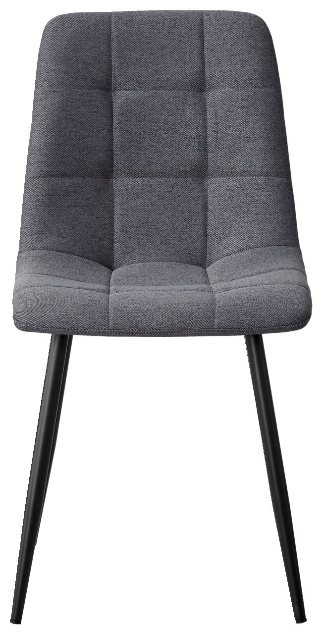 Grauer Stuhl mit gepolsterter Sitzfläche und Rückenlehne, schwarze Beine, Frontalansicht