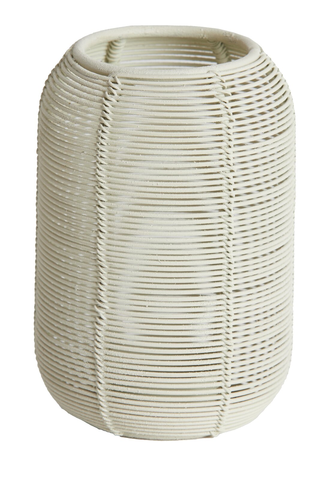 Teelichthalter aus geflochtenem Material in zylindrischer Form, seitliche Perspektive