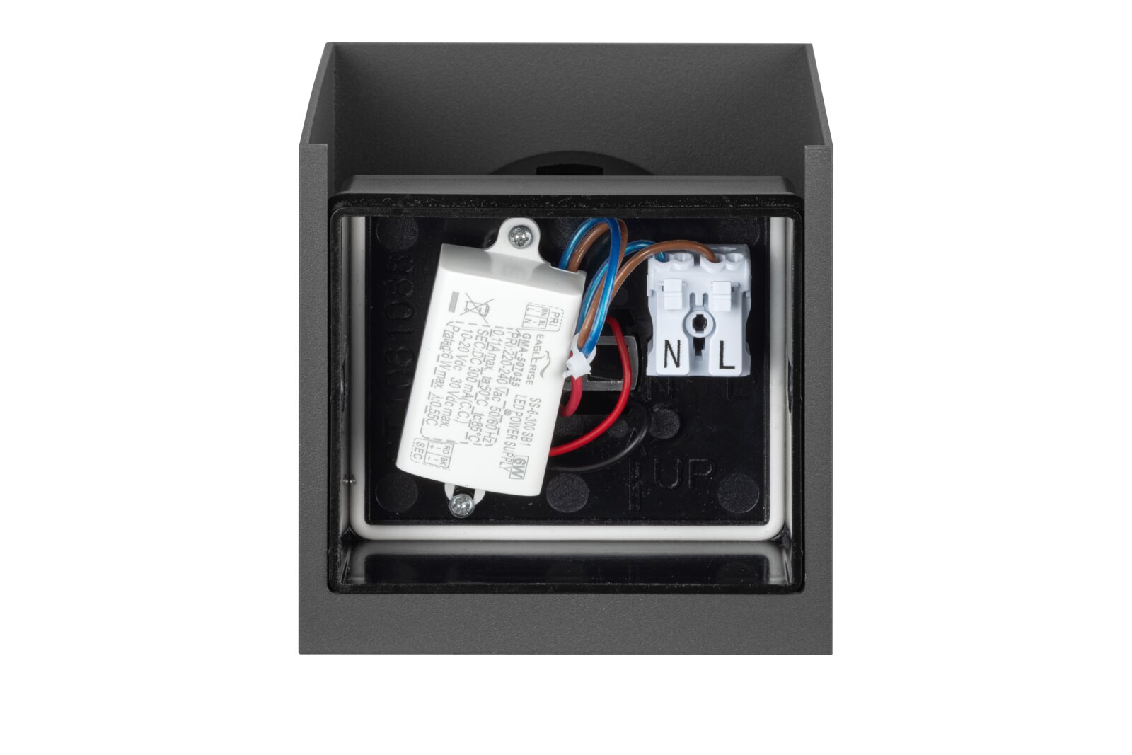 Achterkant van een led-wandlamp met zichtbare elektrische aansluitingen en bedrading.